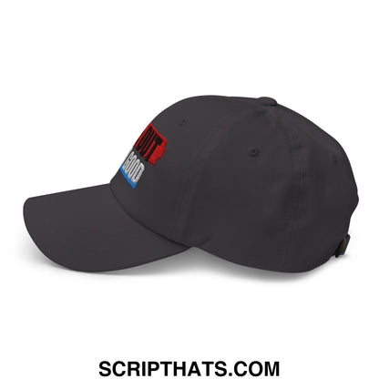 Dark gray unstructured dad hat with embroidered red and blue script logo front for ice out for good collection