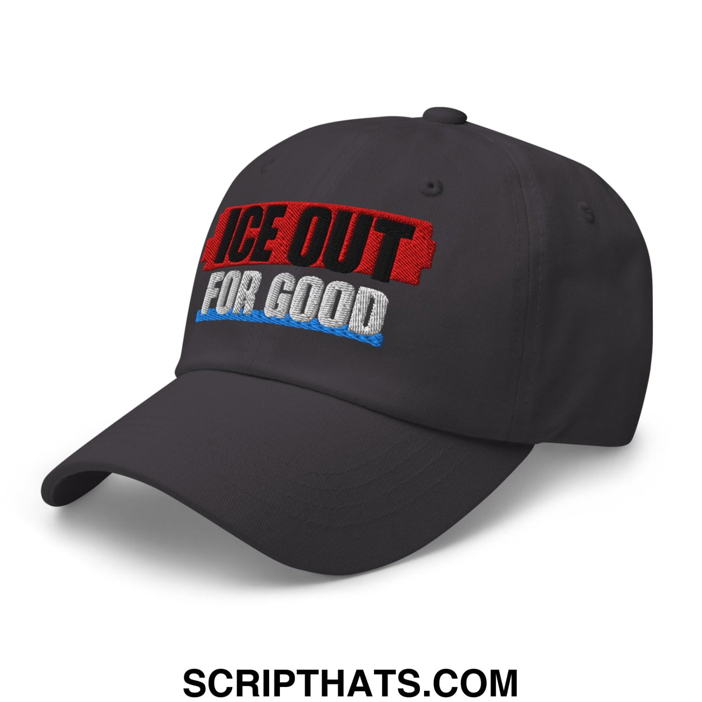Black unstructured dad hat with ice out for good embroidered logo in red black and blue thread