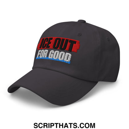 Black unstructured dad hat with ice out for good embroidered logo in red black and blue thread
