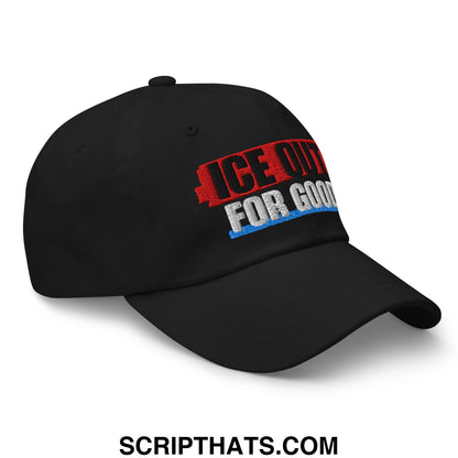 Black unstructured dad hat with ice out for good red white and blue embroidered text design