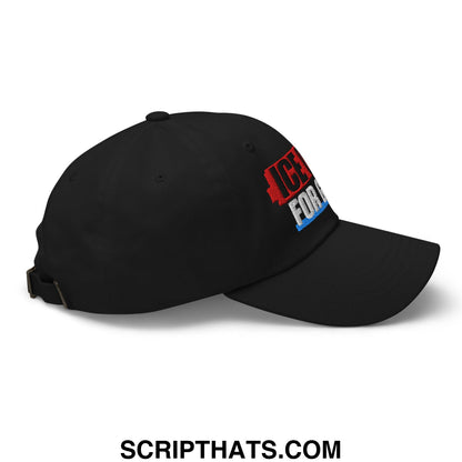 Black unstructured dad hat with embroidered ice for logo in red and blue perfect for casual wear