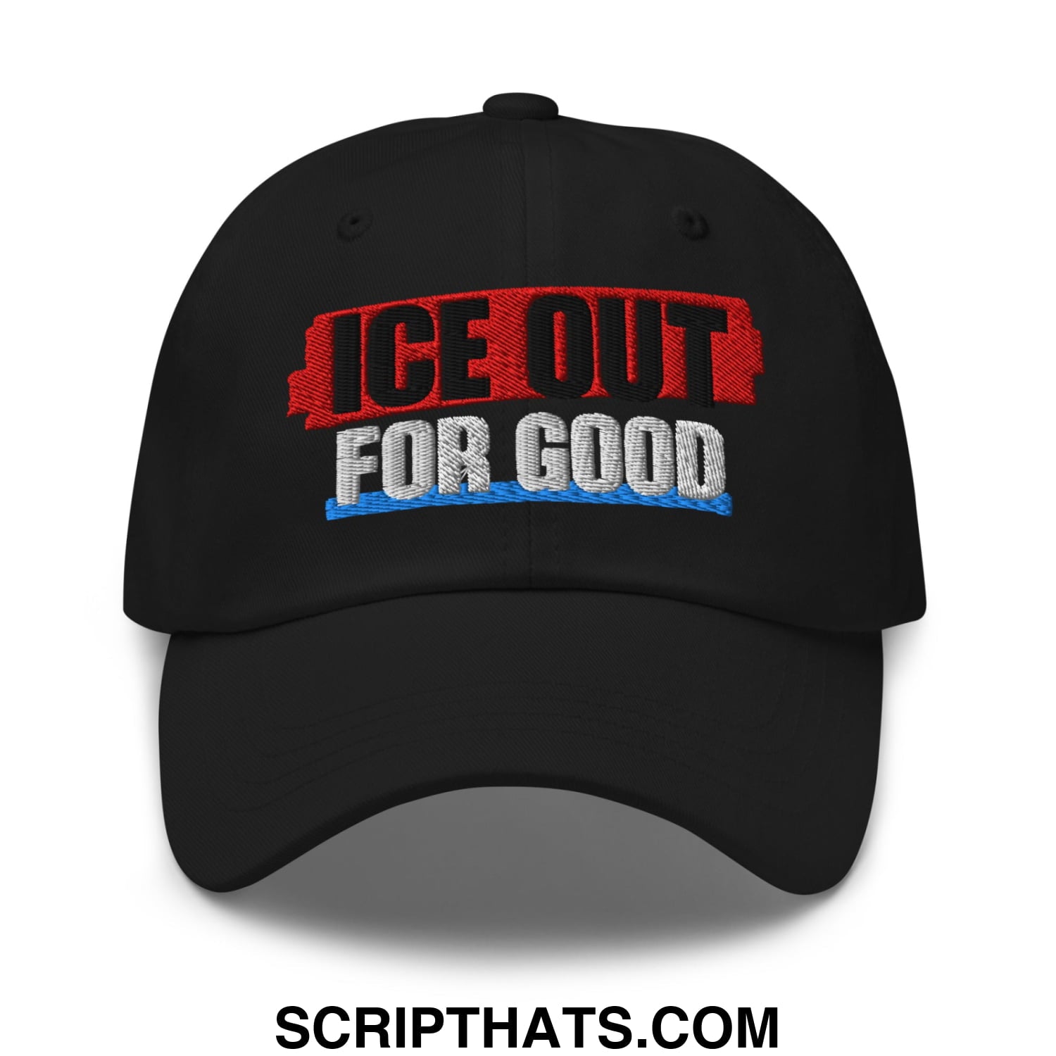 Black unstructured dad hat with embroidered ice out for good text in red black and white thread