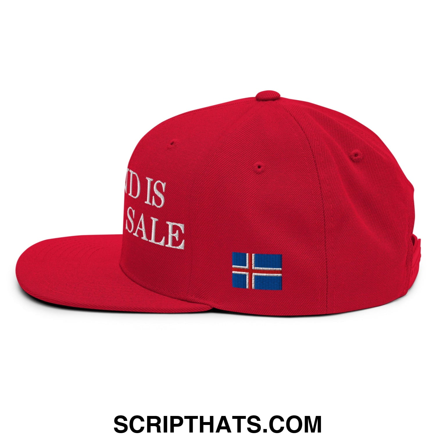 Red snapback cap with white embroidered iceland is not for sale text and a small blue and white norwegian flag patch