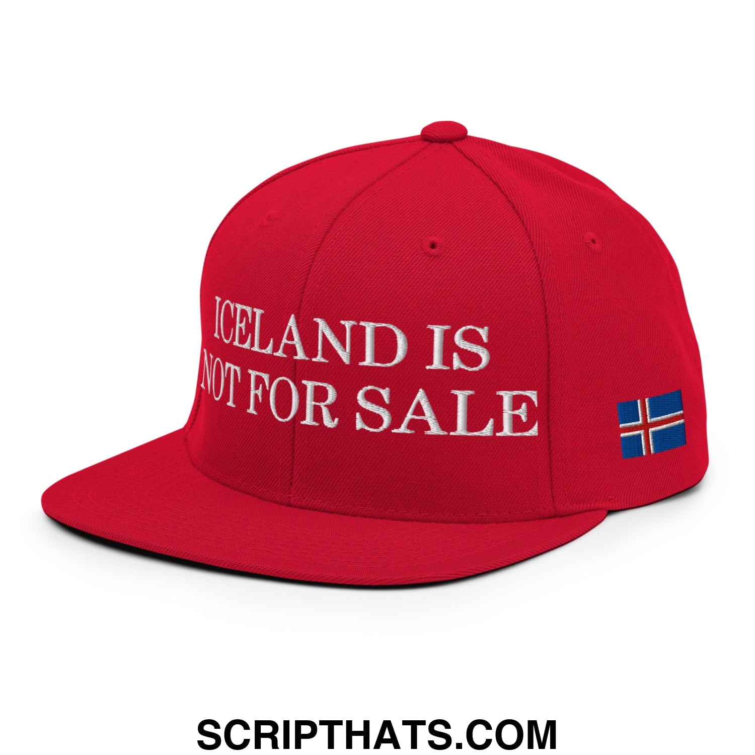 Red snapback cap with white embroidered iceland is not for sale text and icelandic flag patch on the side
