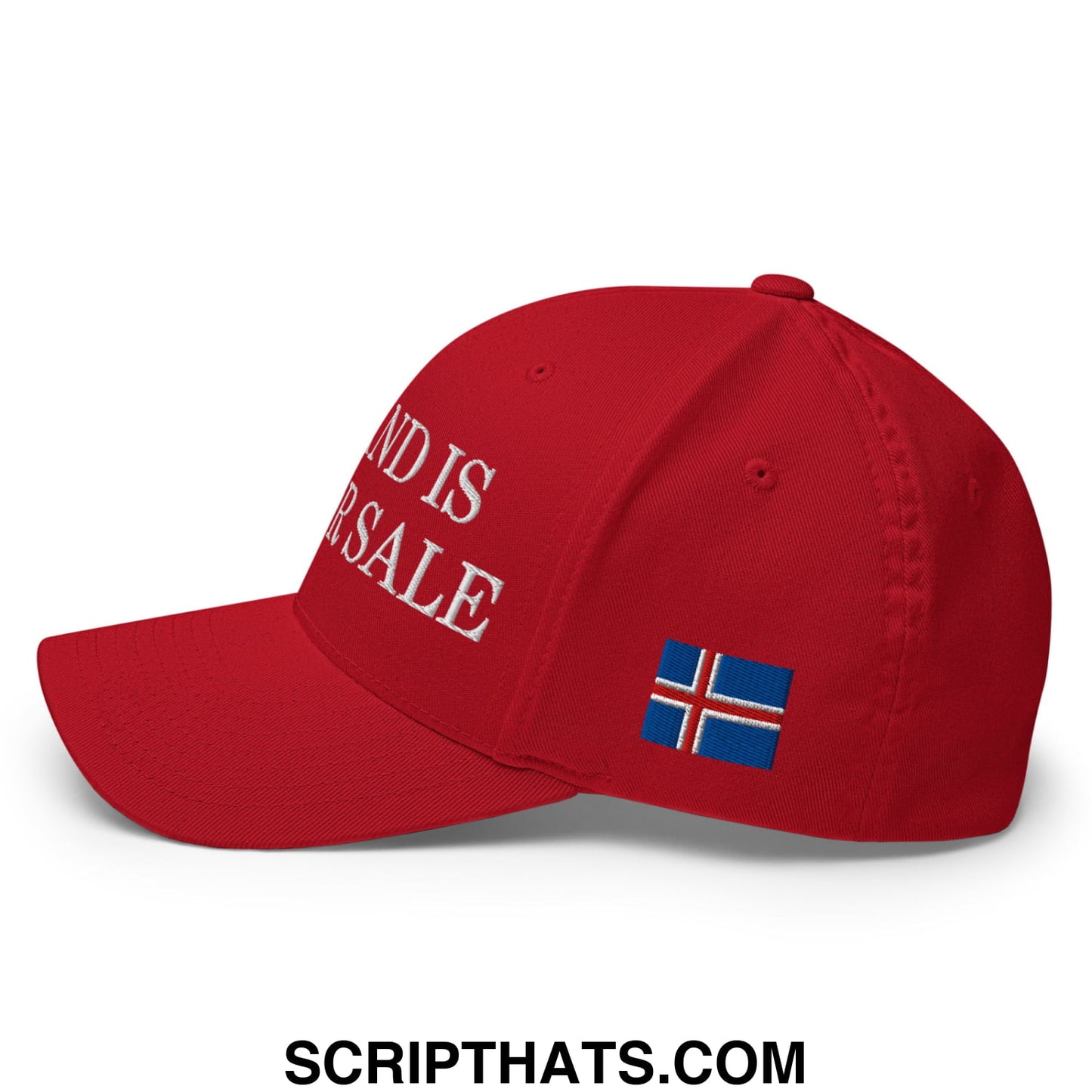 Red stretch fit baseball hat with white embroidered text and icelandic flag patch titled Iceland Is Not For Sale