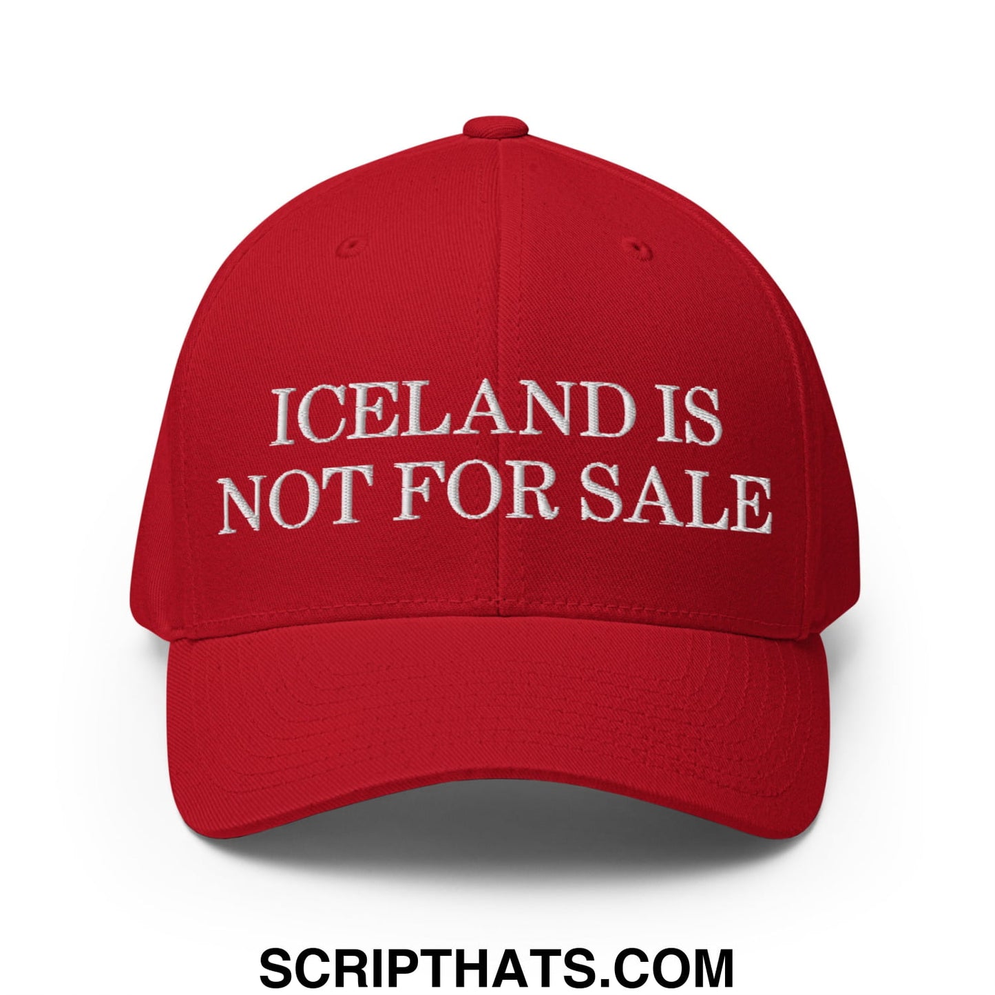 A vibrant red stretch fit baseball hat with white embroidered text iceland is not for sale on the front