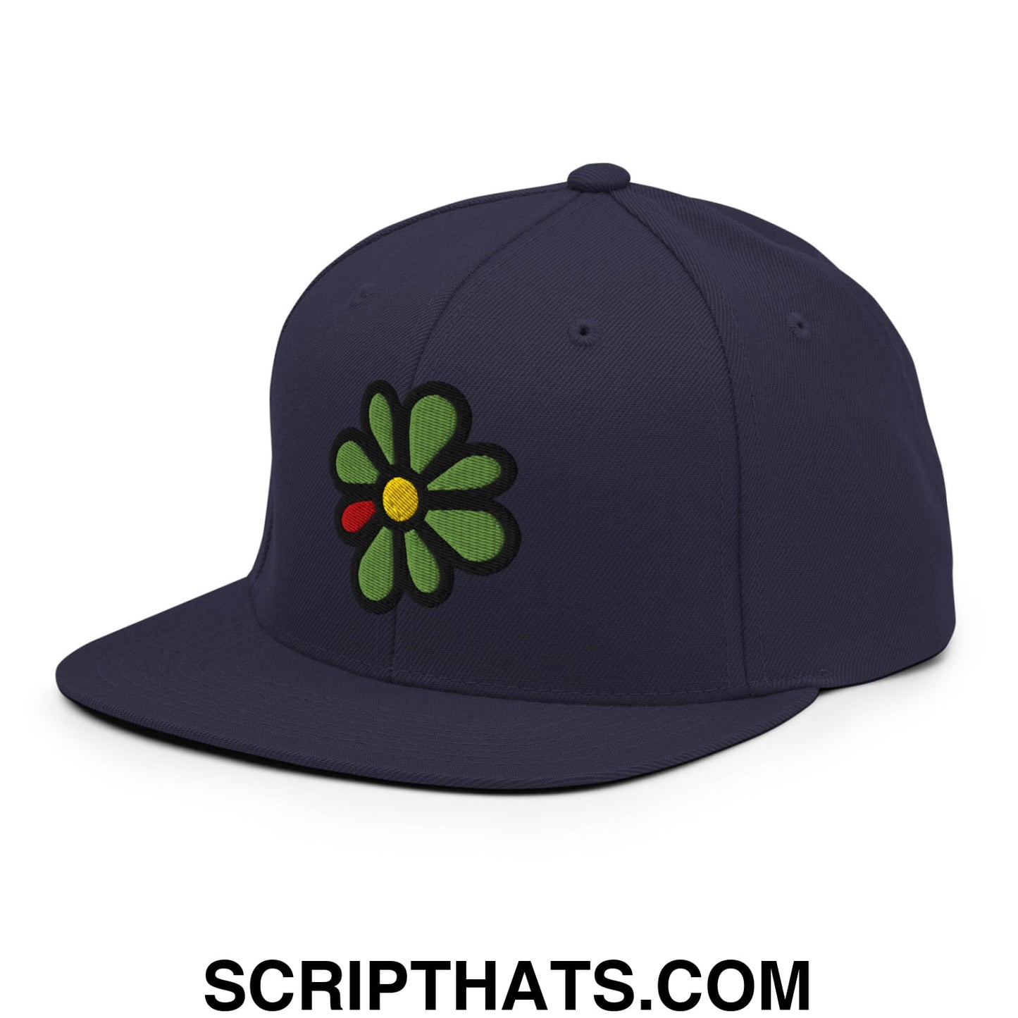 ICQ Embroidered Flat Bill Brim Snapback Hat Navy