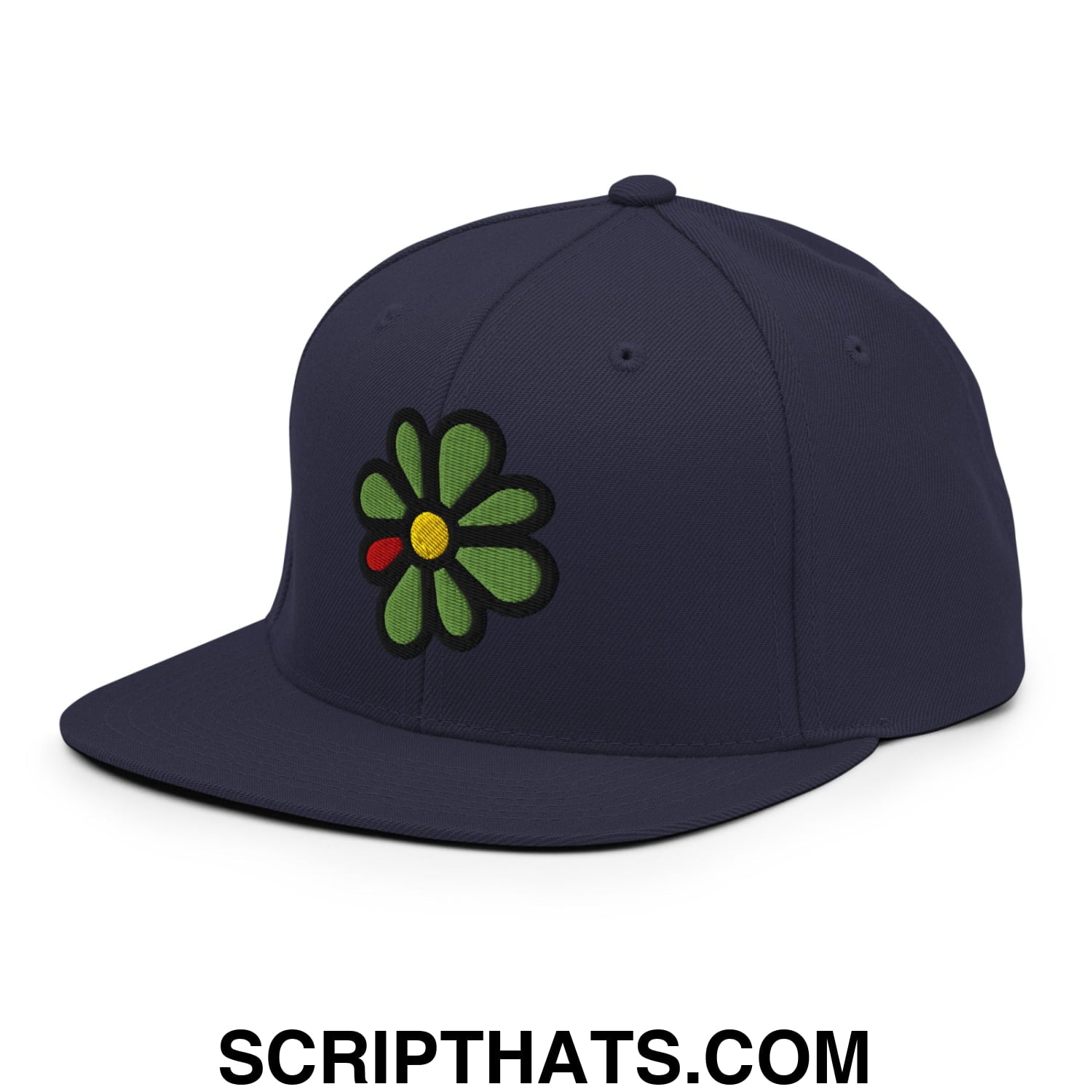 ICQ Embroidered Flat Bill Brim Snapback Hat Navy