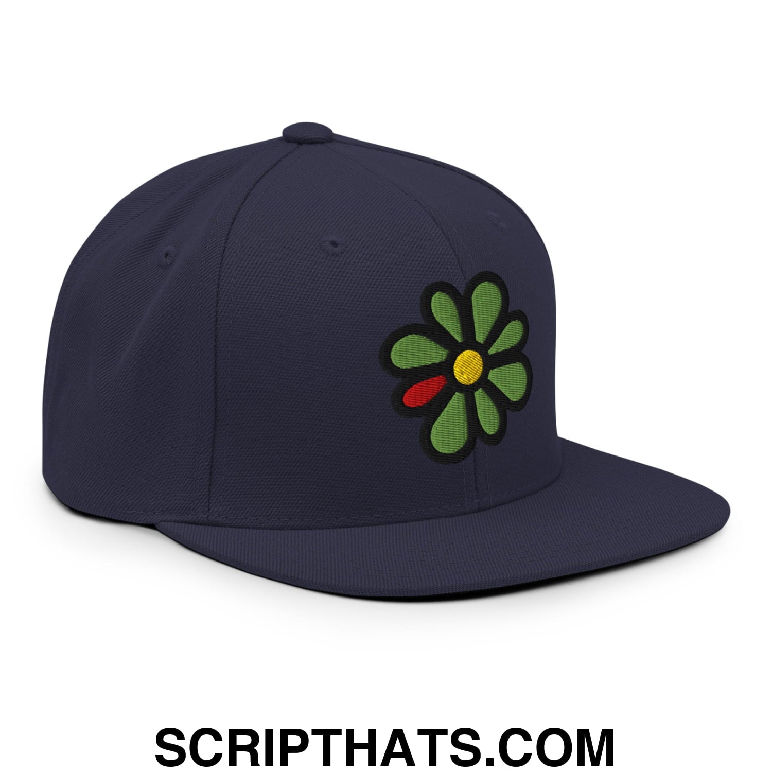 ICQ Embroidered Flat Bill Brim Snapback Hat Navy