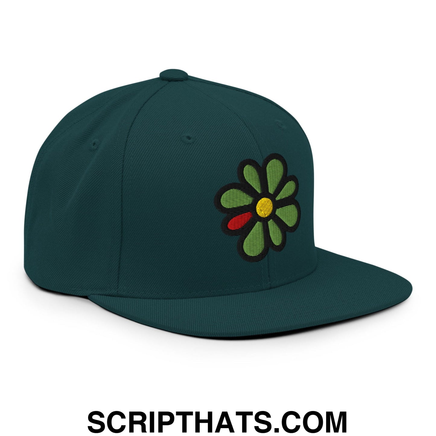 ICQ Embroidered Flat Bill Brim Snapback Hat Spruce