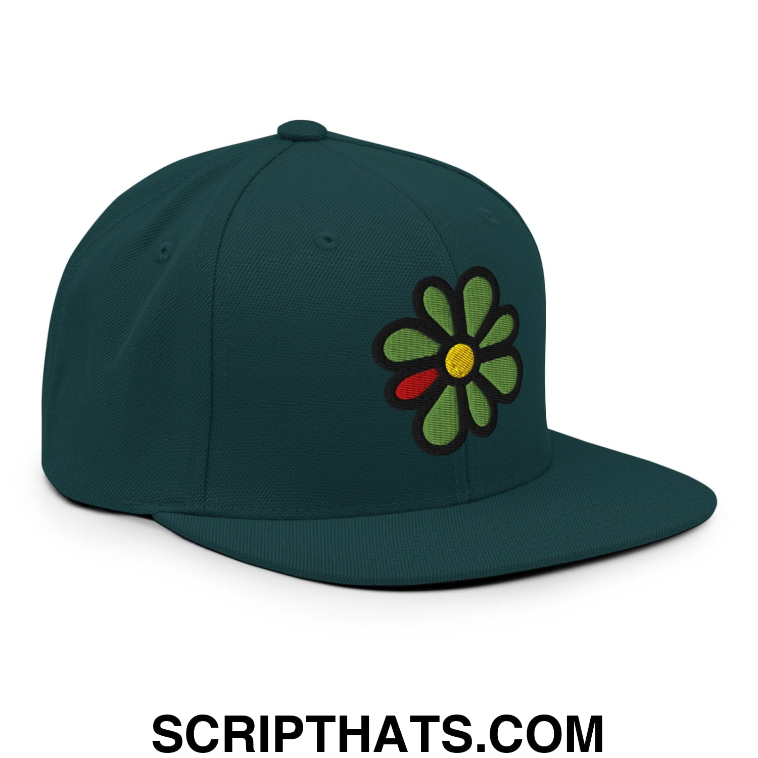 ICQ Embroidered Flat Bill Brim Snapback Hat Spruce