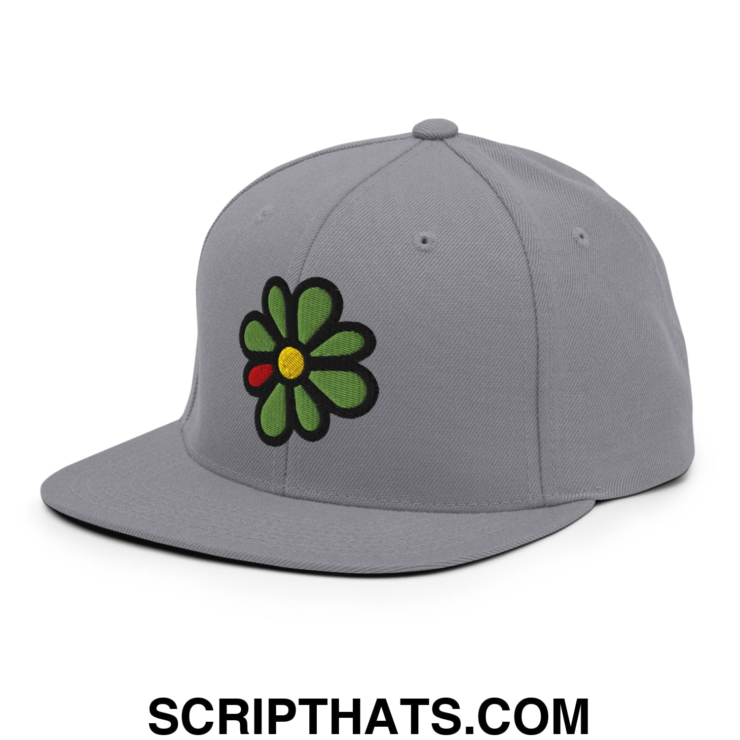 ICQ Embroidered Flat Bill Brim Snapback Hat Silver