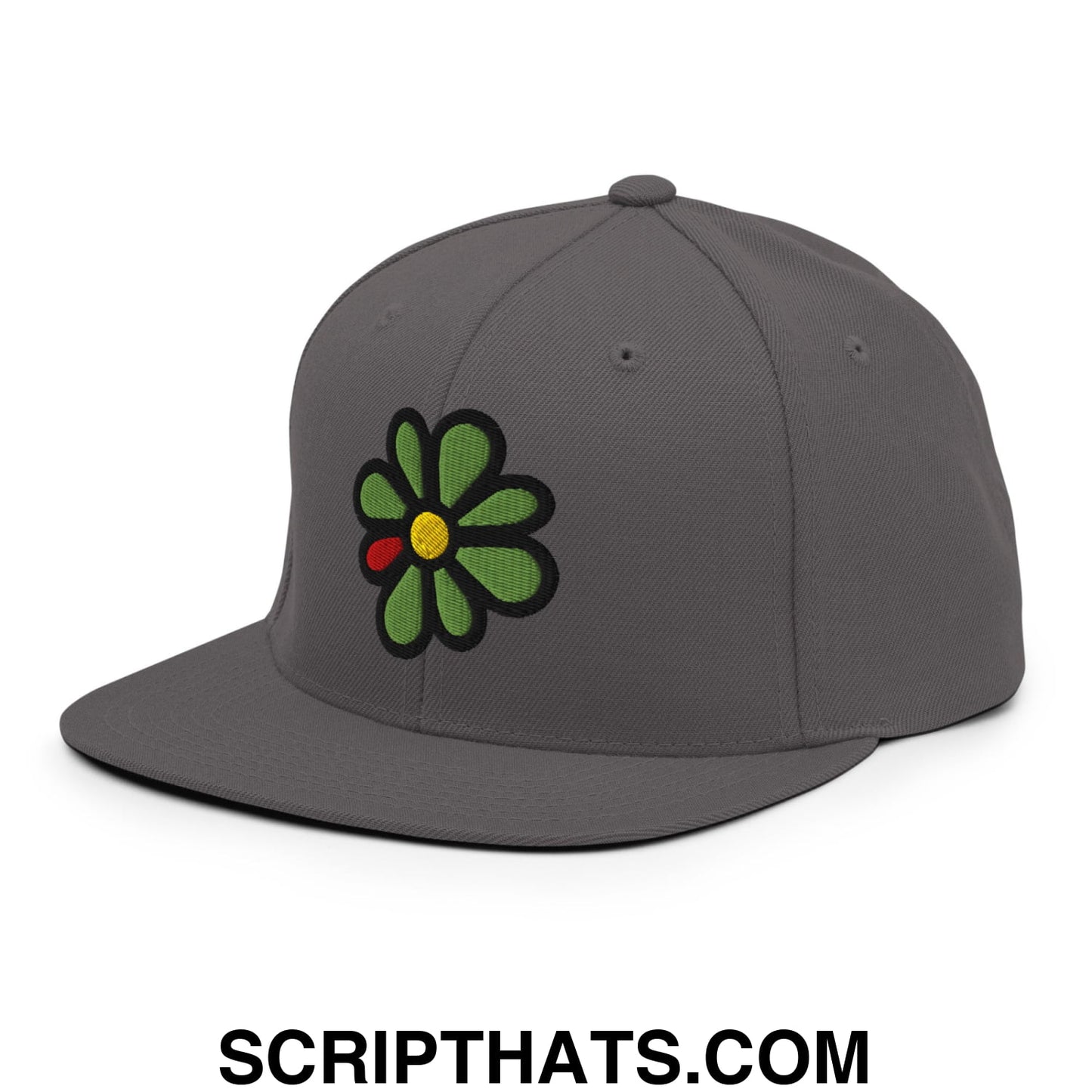 ICQ Embroidered Flat Bill Brim Snapback Hat Dark Grey