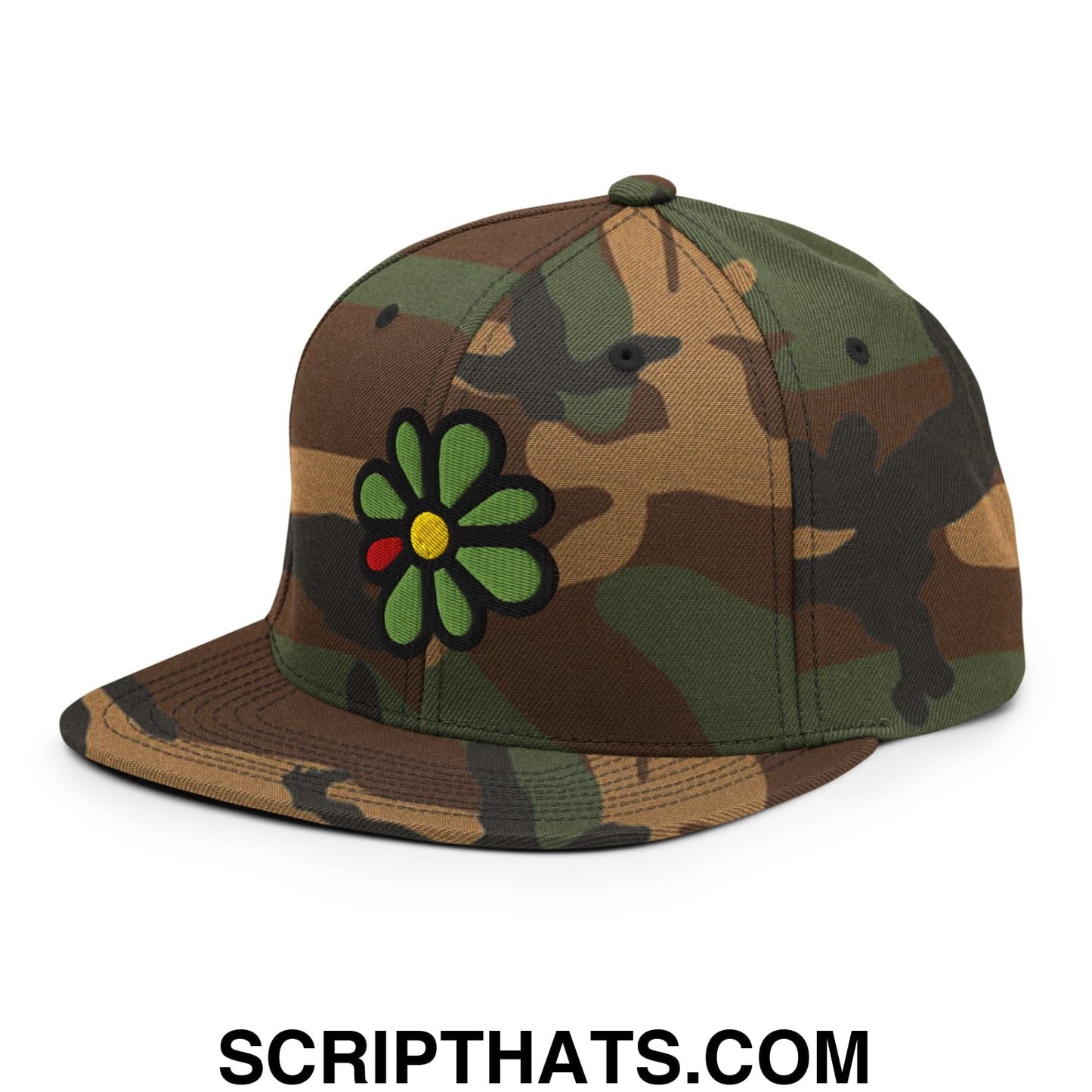 ICQ Embroidered Flat Bill Brim Snapback Hat Green Camo