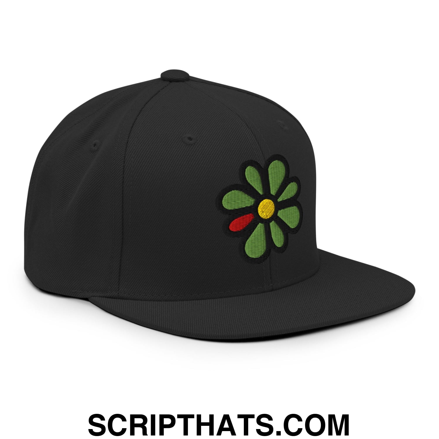 ICQ Embroidered Flat Bill Brim Snapback Hat Black