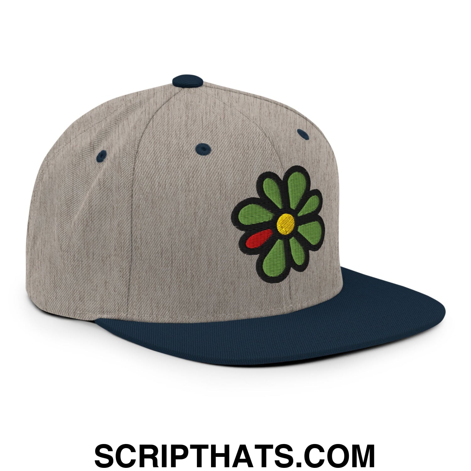 ICQ Embroidered Flat Bill Brim Snapback Hat Heather Grey Navy