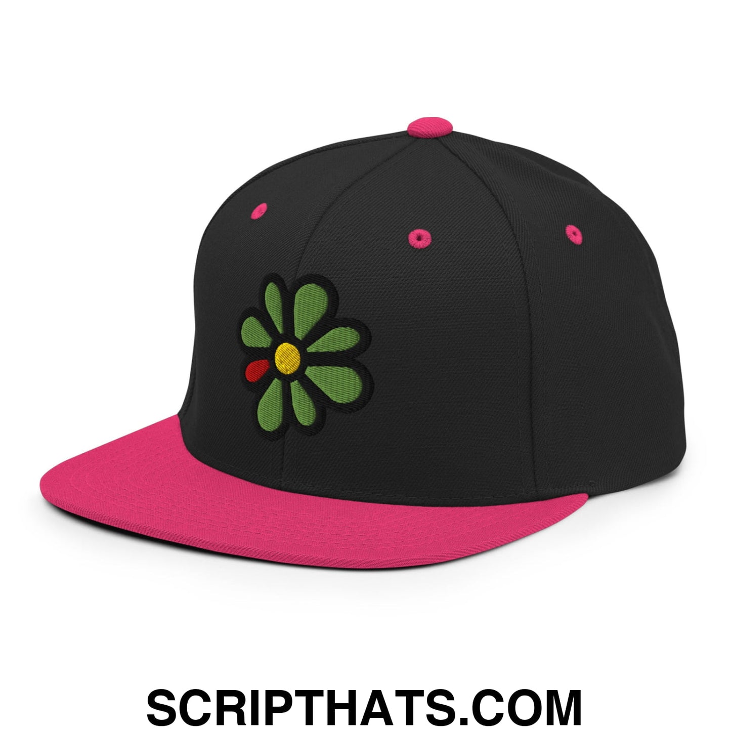 ICQ Embroidered Flat Bill Brim Snapback Hat Black Neon Pink