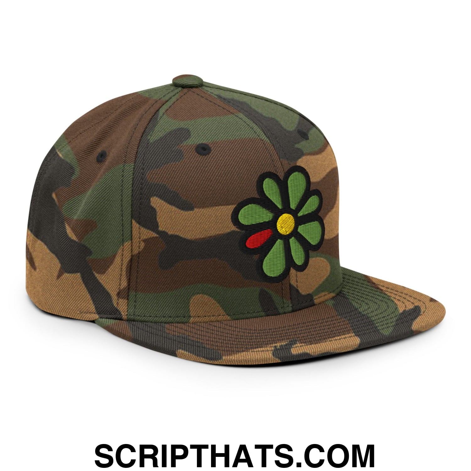ICQ Embroidered Flat Bill Brim Snapback Hat Green Camo