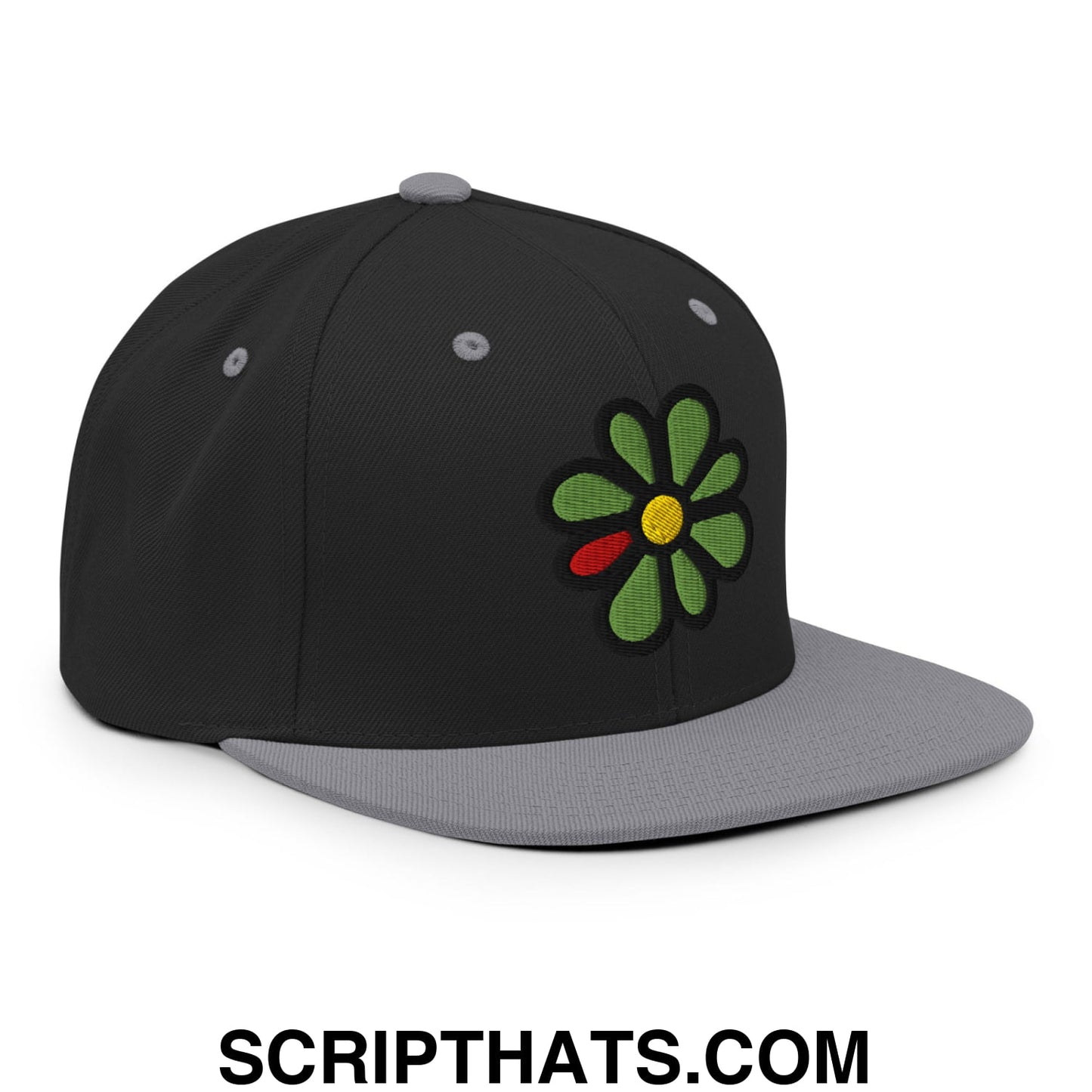 ICQ Embroidered Flat Bill Brim Snapback Hat Black Silver