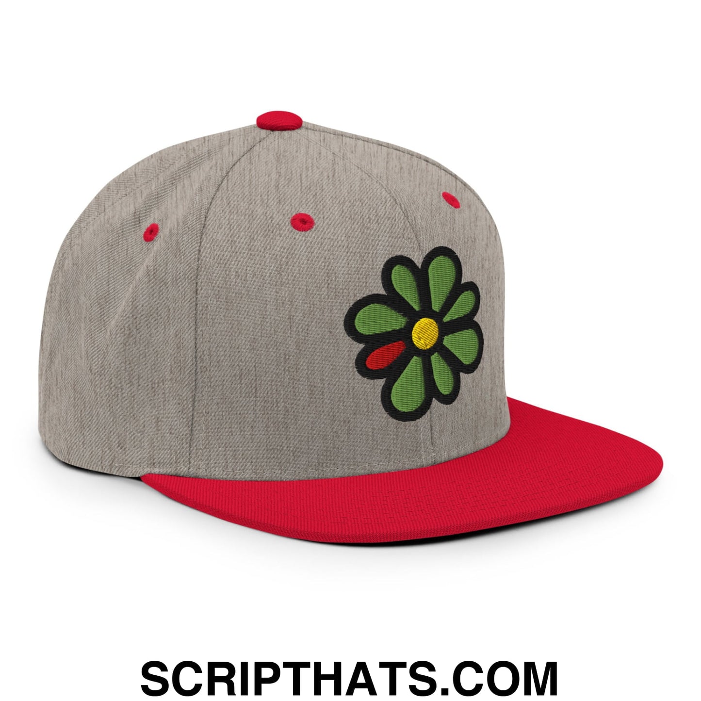 ICQ Embroidered Flat Bill Brim Snapback Hat Heather Grey Red