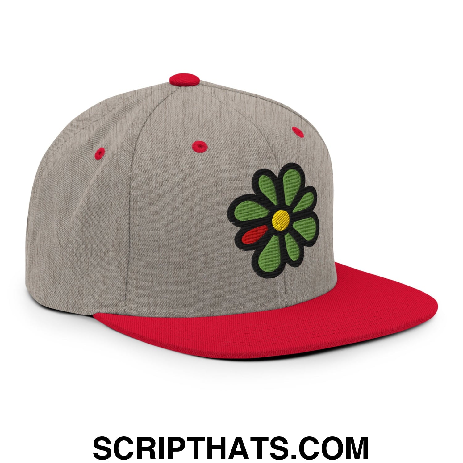 ICQ Embroidered Flat Bill Brim Snapback Hat Heather Grey Red