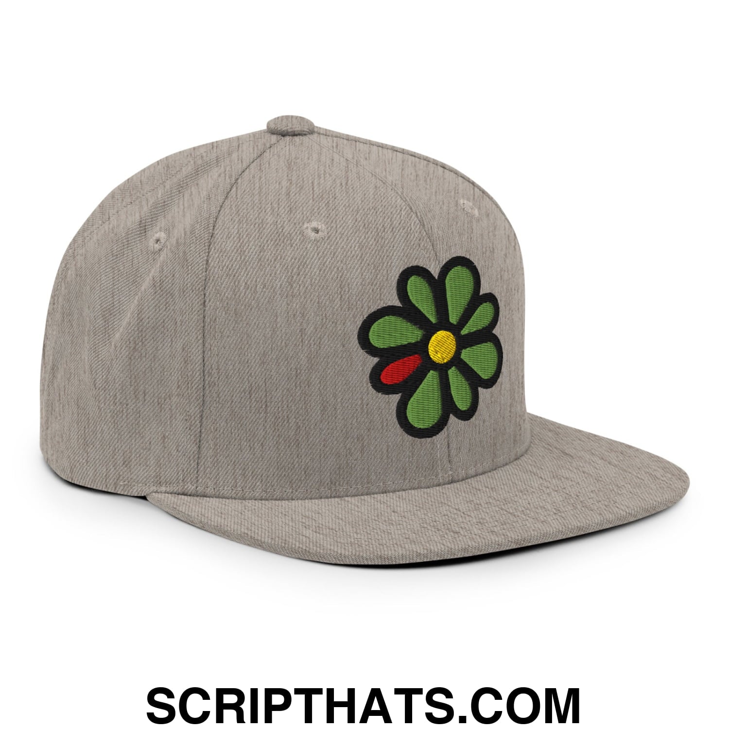 ICQ Embroidered Flat Bill Brim Snapback Hat Heather Grey