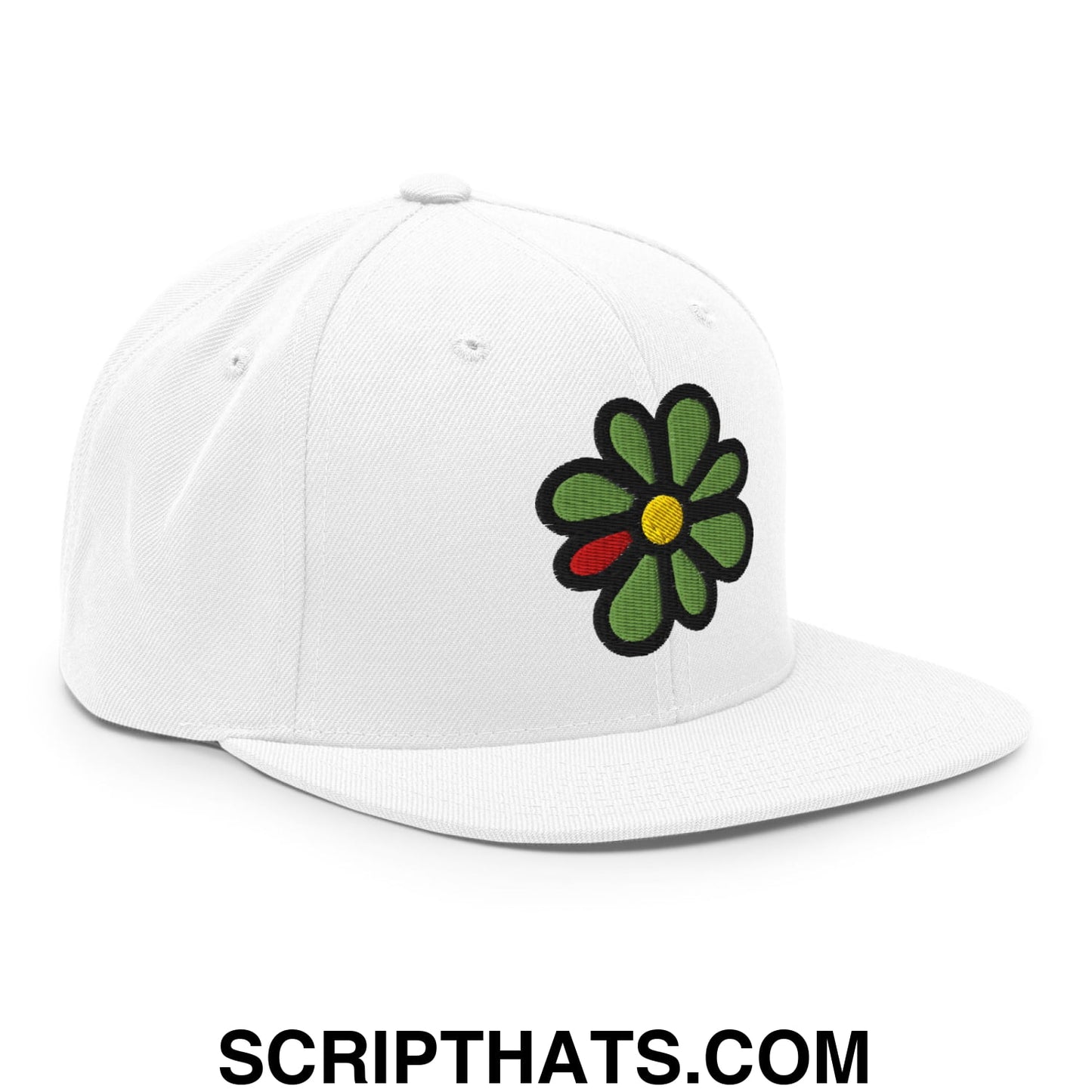 ICQ Embroidered Flat Bill Brim Snapback Hat White