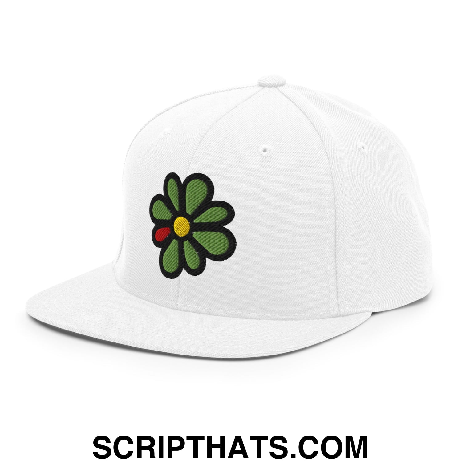 ICQ Embroidered Flat Bill Brim Snapback Hat White