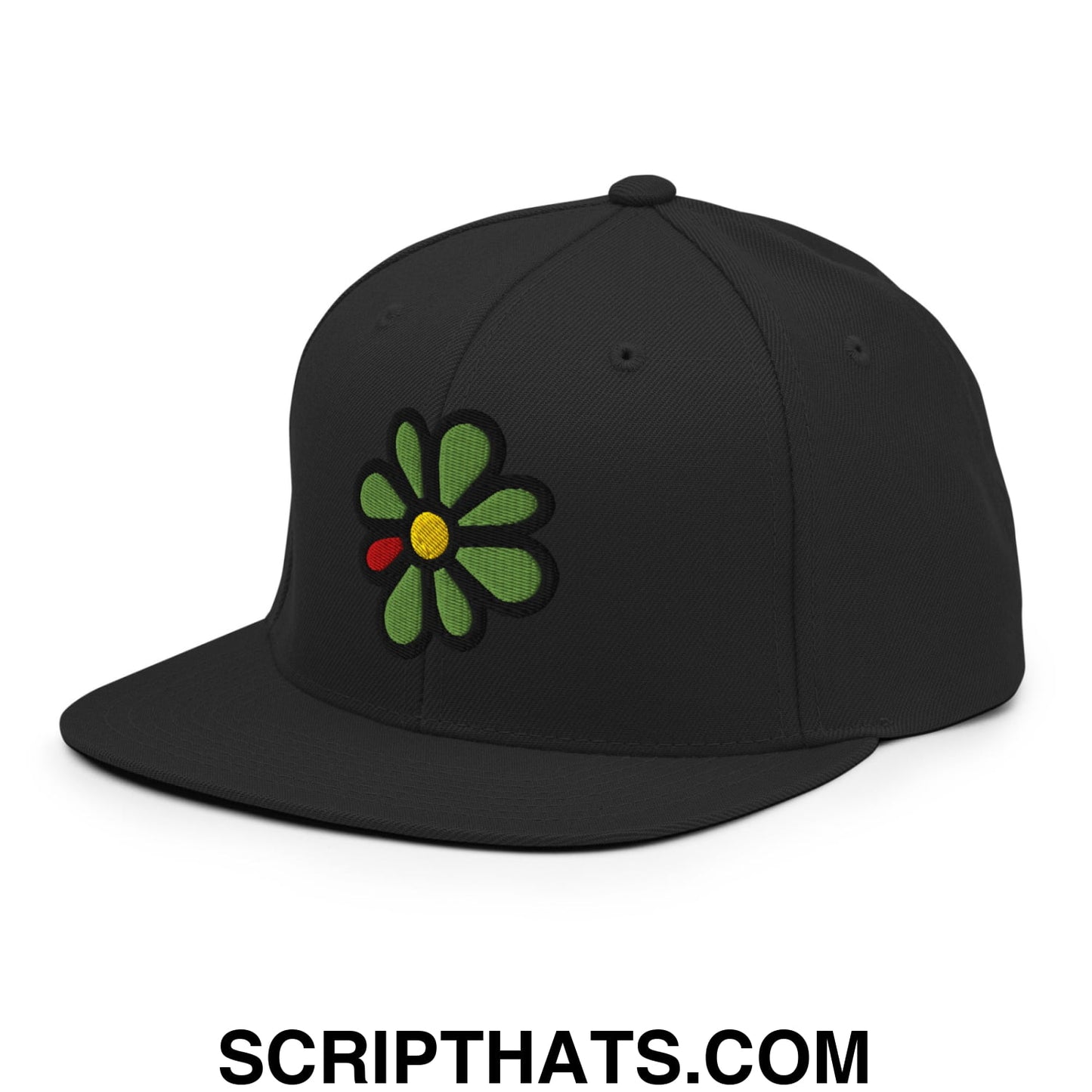 ICQ Embroidered Flat Bill Brim Snapback Hat Black