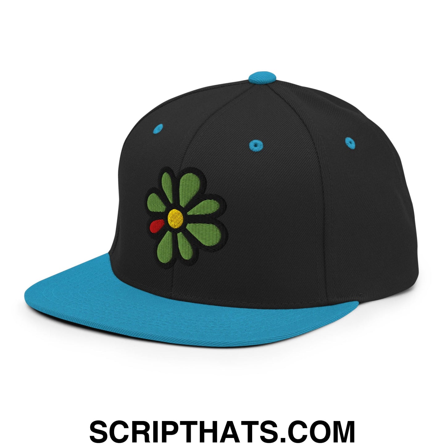 ICQ Embroidered Flat Bill Brim Snapback Hat Black Teal