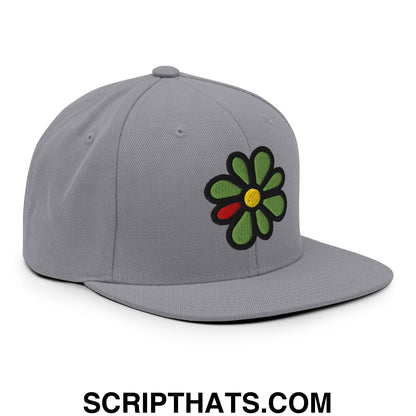 ICQ Embroidered Flat Bill Brim Snapback Hat Silver