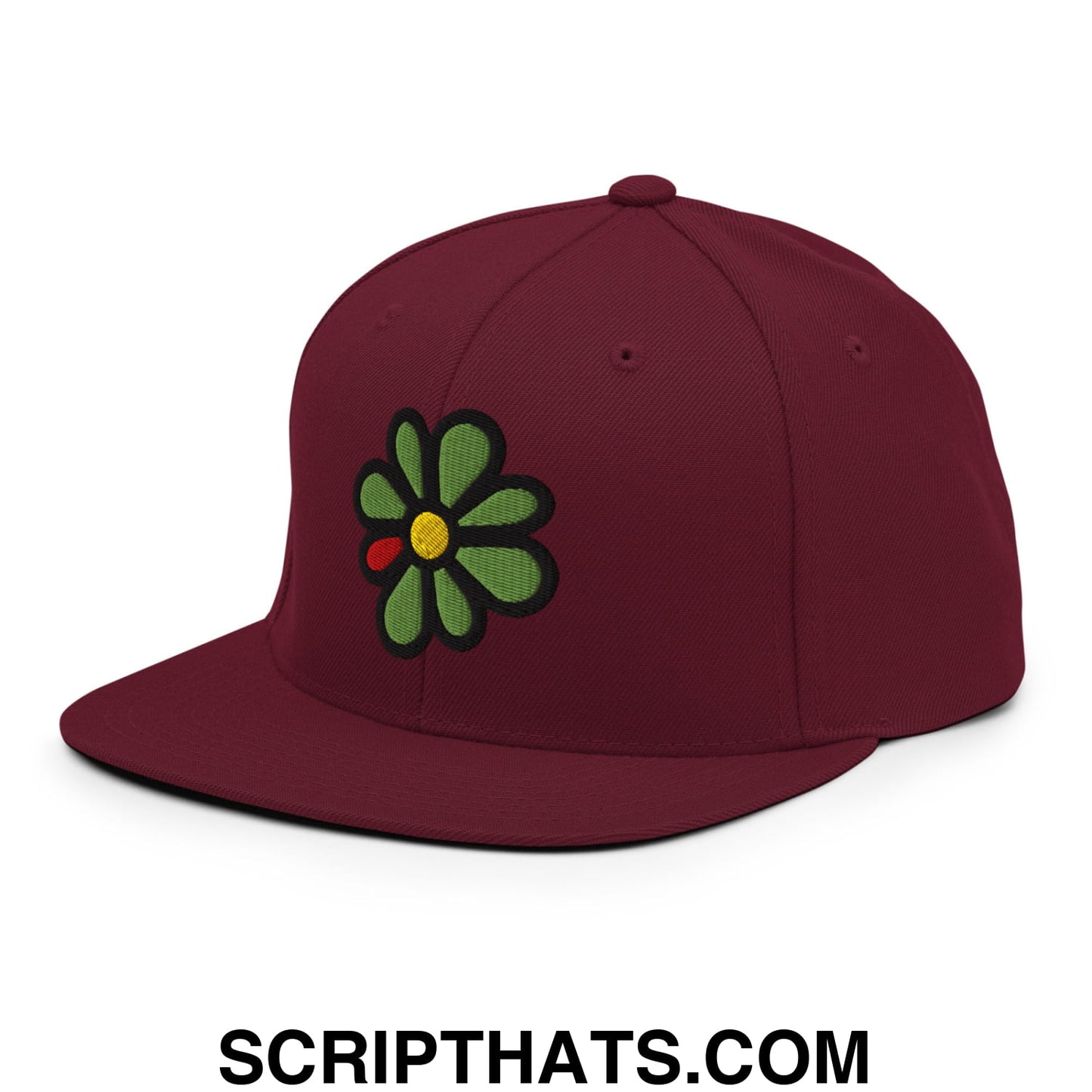 ICQ Embroidered Flat Bill Brim Snapback Hat Maroon