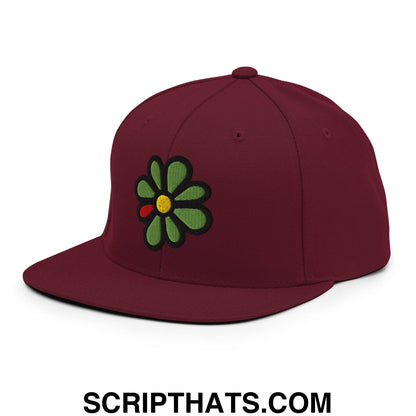 ICQ Embroidered Flat Bill Brim Snapback Hat Maroon
