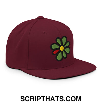 ICQ Embroidered Flat Bill Brim Snapback Hat Maroon