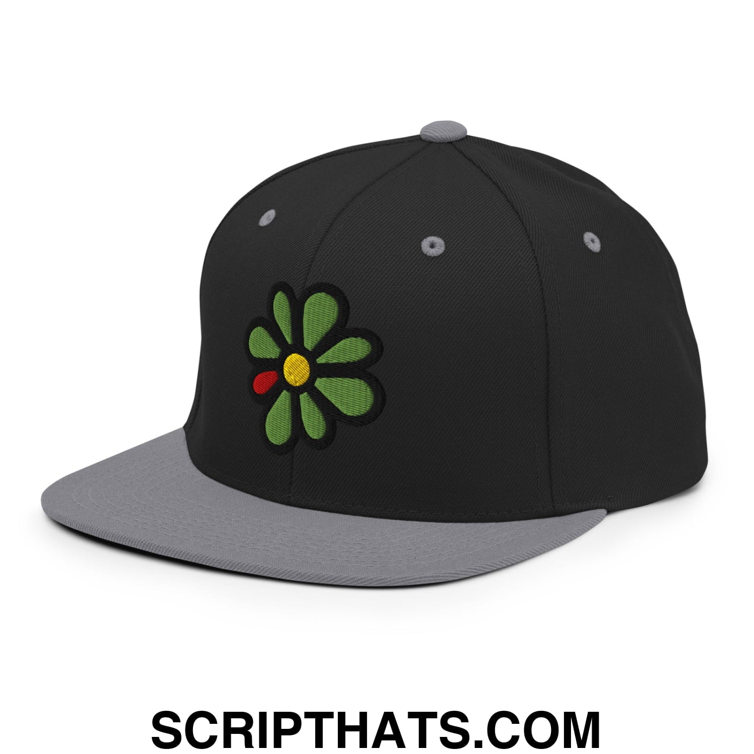 ICQ Embroidered Flat Bill Brim Snapback Hat Black Silver