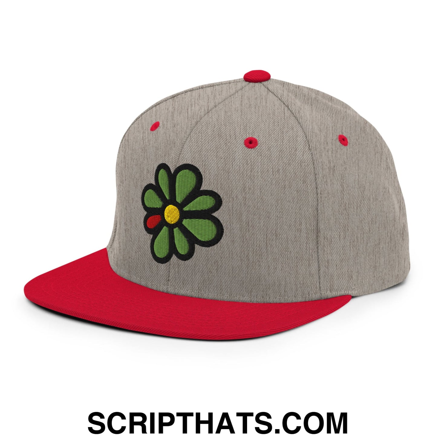 ICQ Embroidered Flat Bill Brim Snapback Hat Heather Grey Red