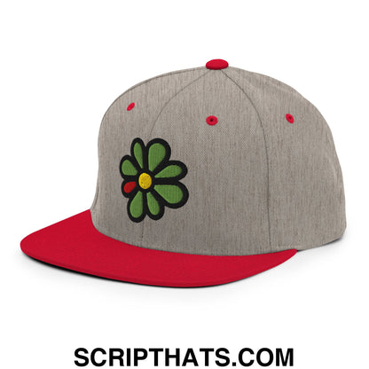 ICQ Embroidered Flat Bill Brim Snapback Hat Heather Grey Red