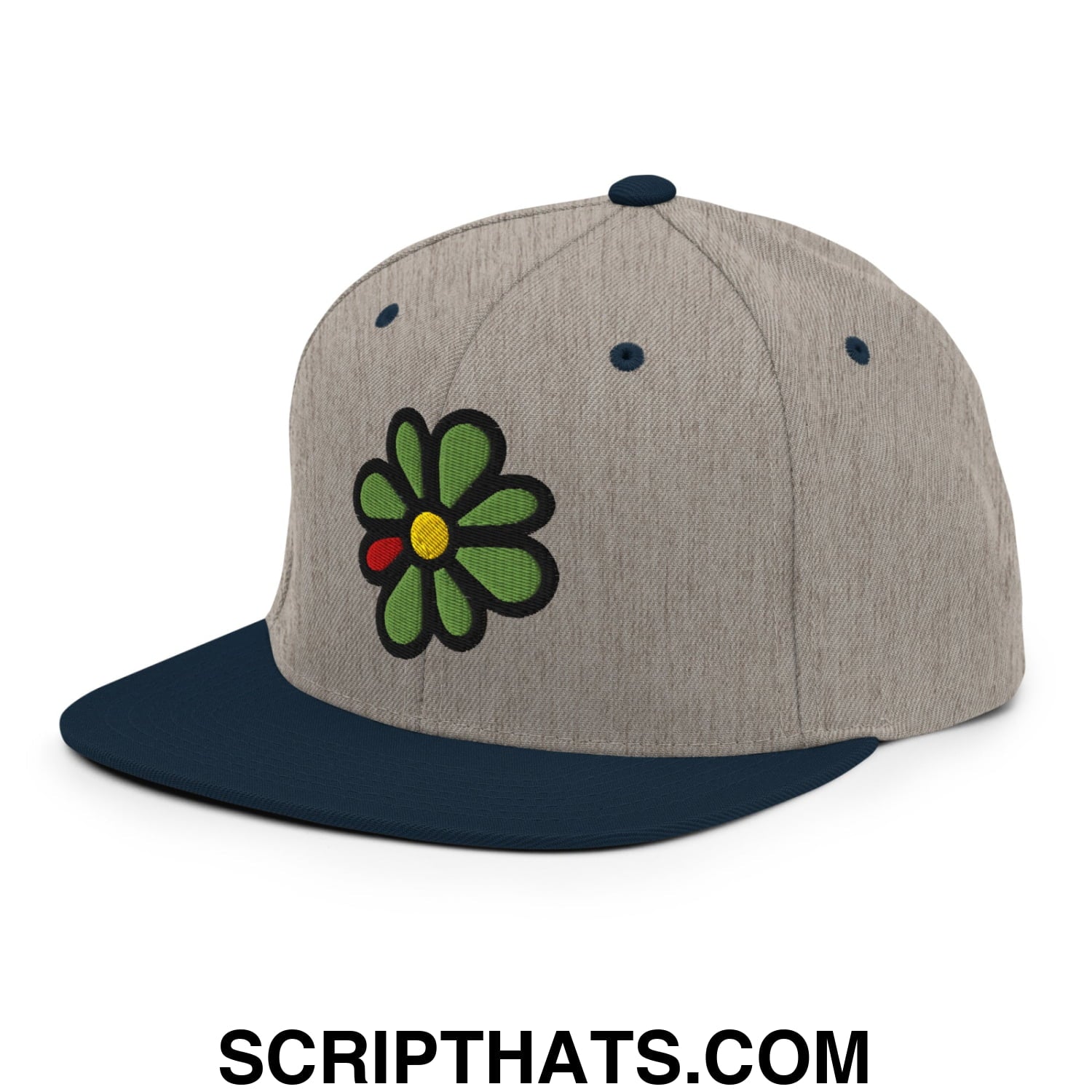 ICQ Embroidered Flat Bill Brim Snapback Hat Heather Grey Navy