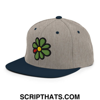 ICQ Embroidered Flat Bill Brim Snapback Hat Heather Grey Navy
