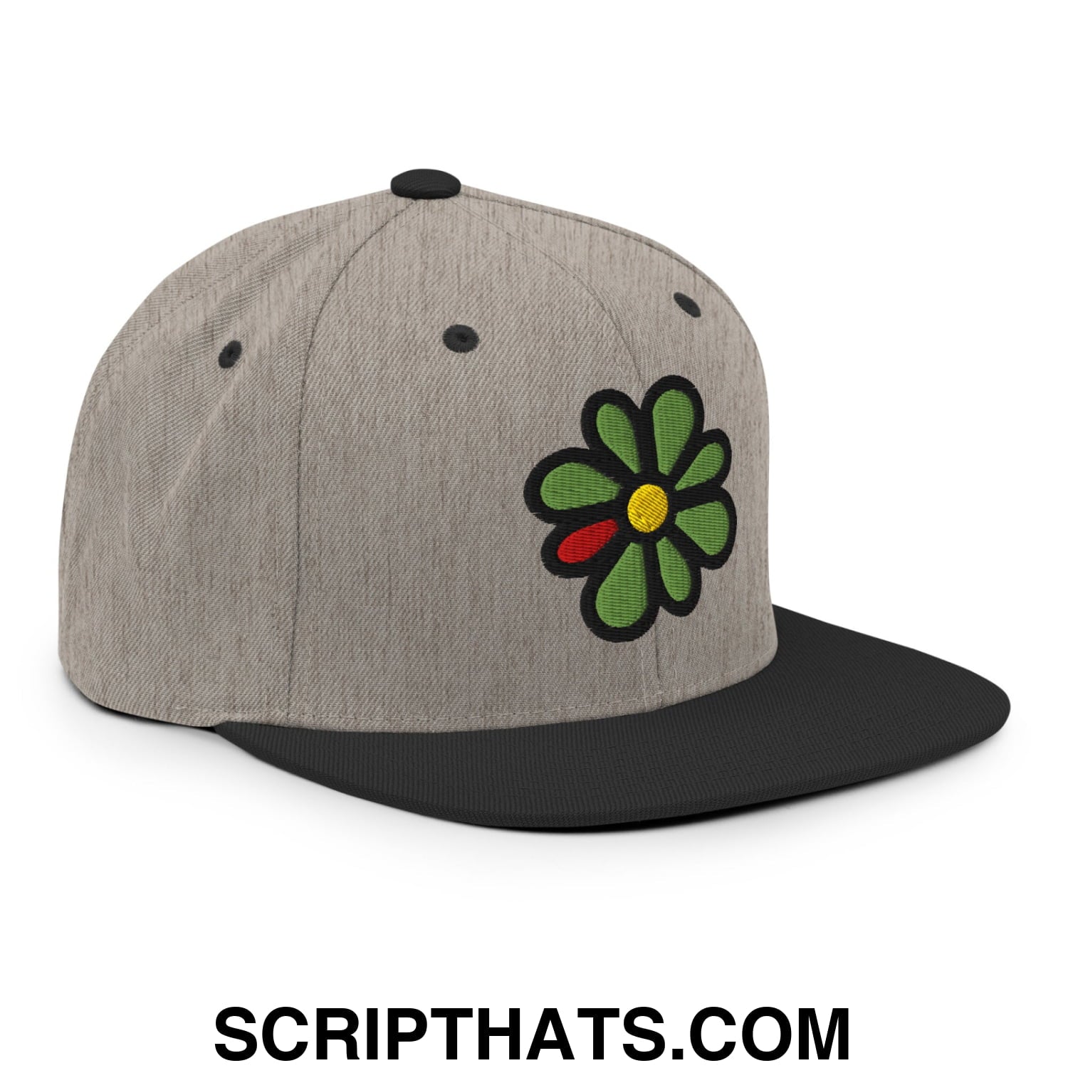 ICQ Embroidered Flat Bill Brim Snapback Hat Heather Black