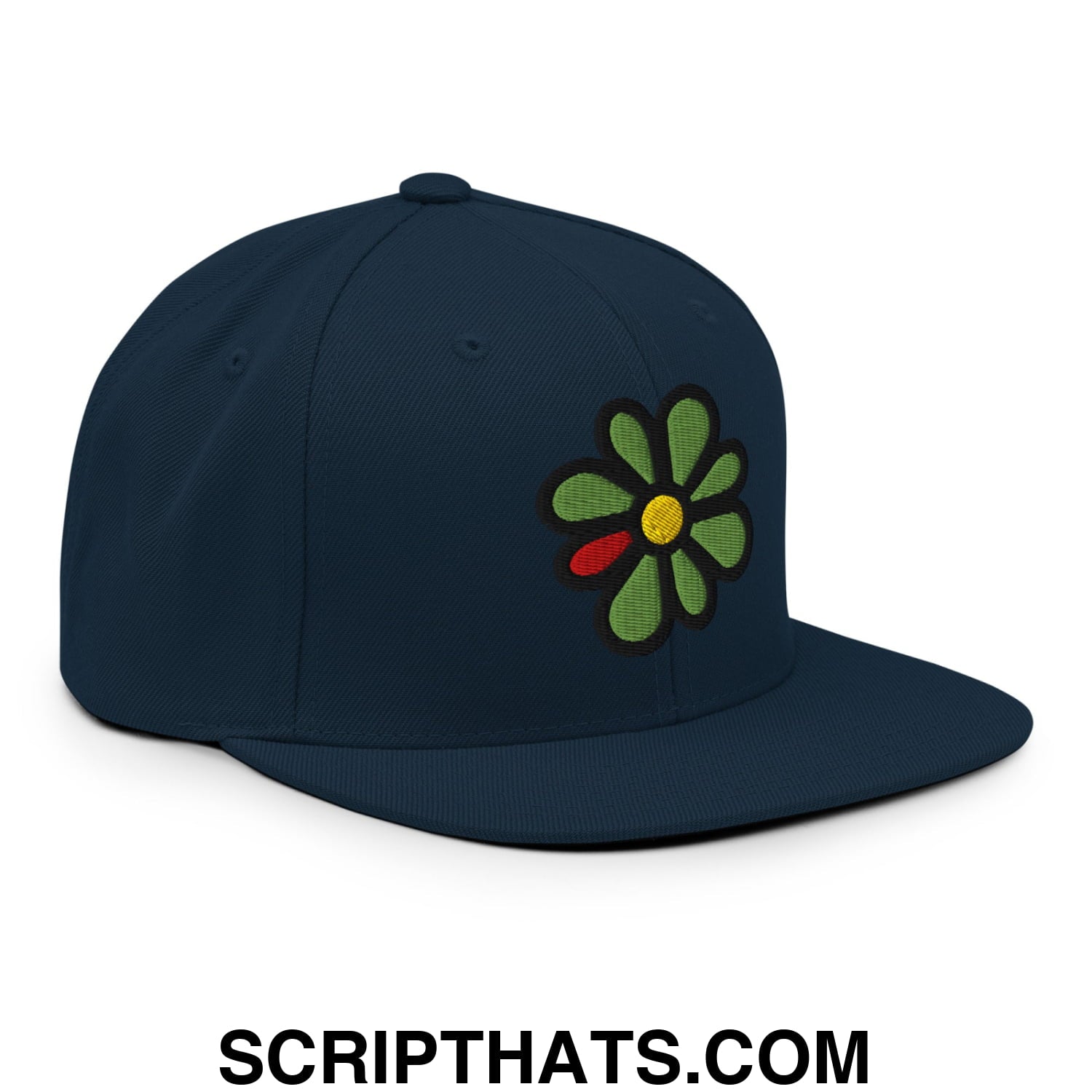 ICQ Embroidered Flat Bill Brim Snapback Hat Dark Navy
