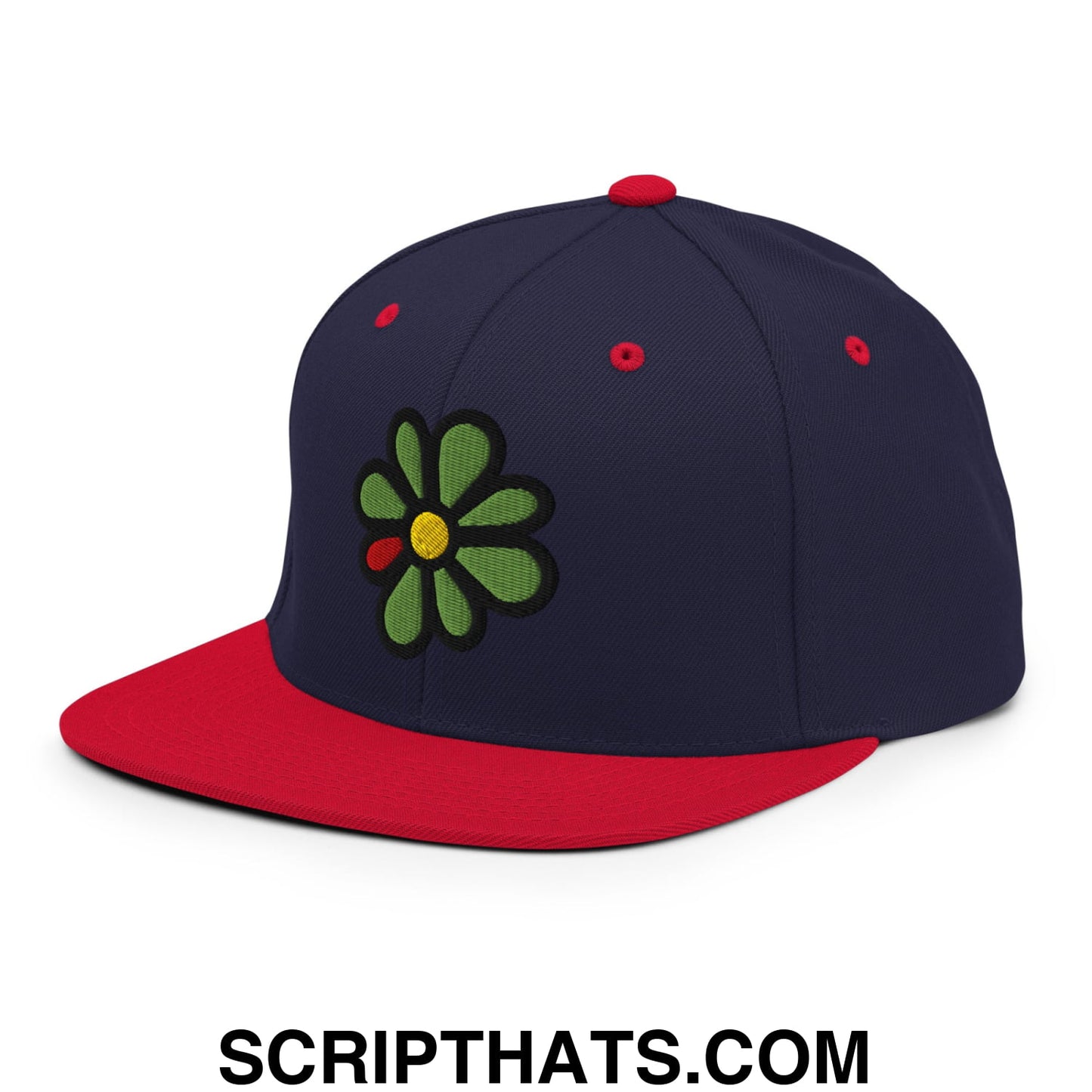 ICQ Embroidered Flat Bill Brim Snapback Hat Navy Red
