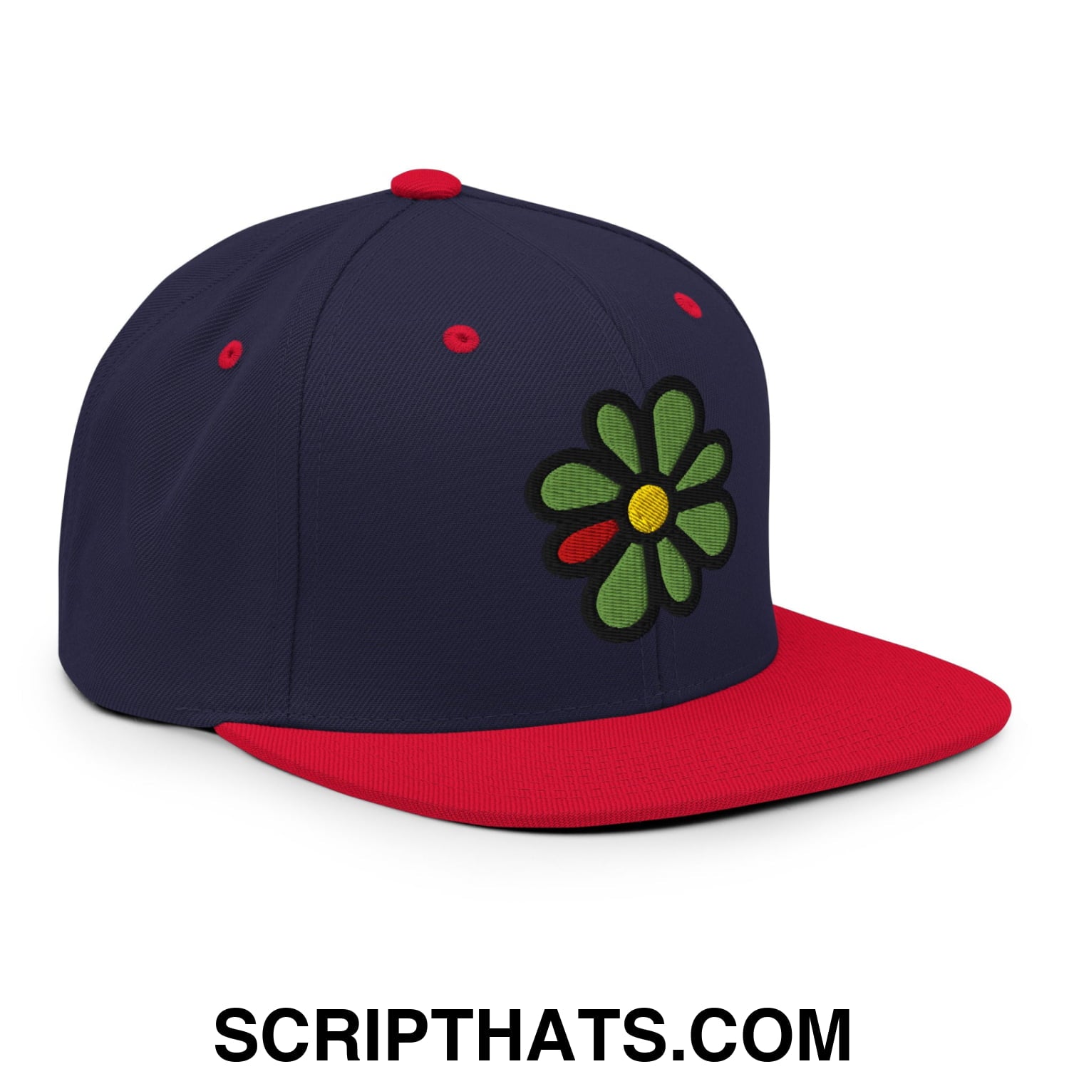 ICQ Embroidered Flat Bill Brim Snapback Hat Navy Red