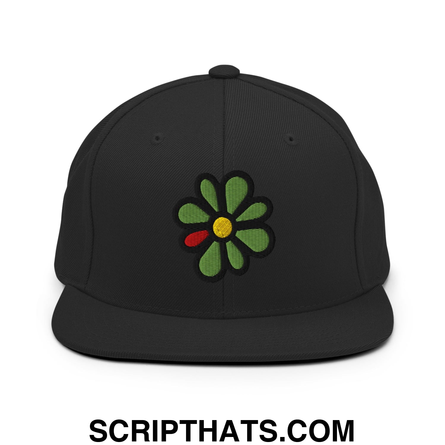 ICQ Embroidered Flat Bill Brim Snapback Hat Black