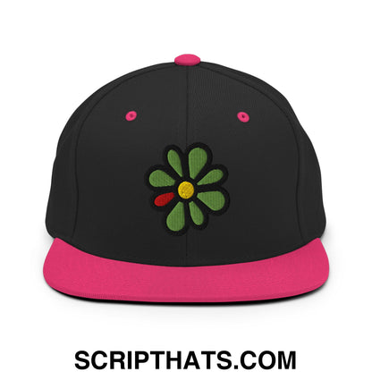 ICQ Embroidered Flat Bill Brim Snapback Hat Black Neon Pink