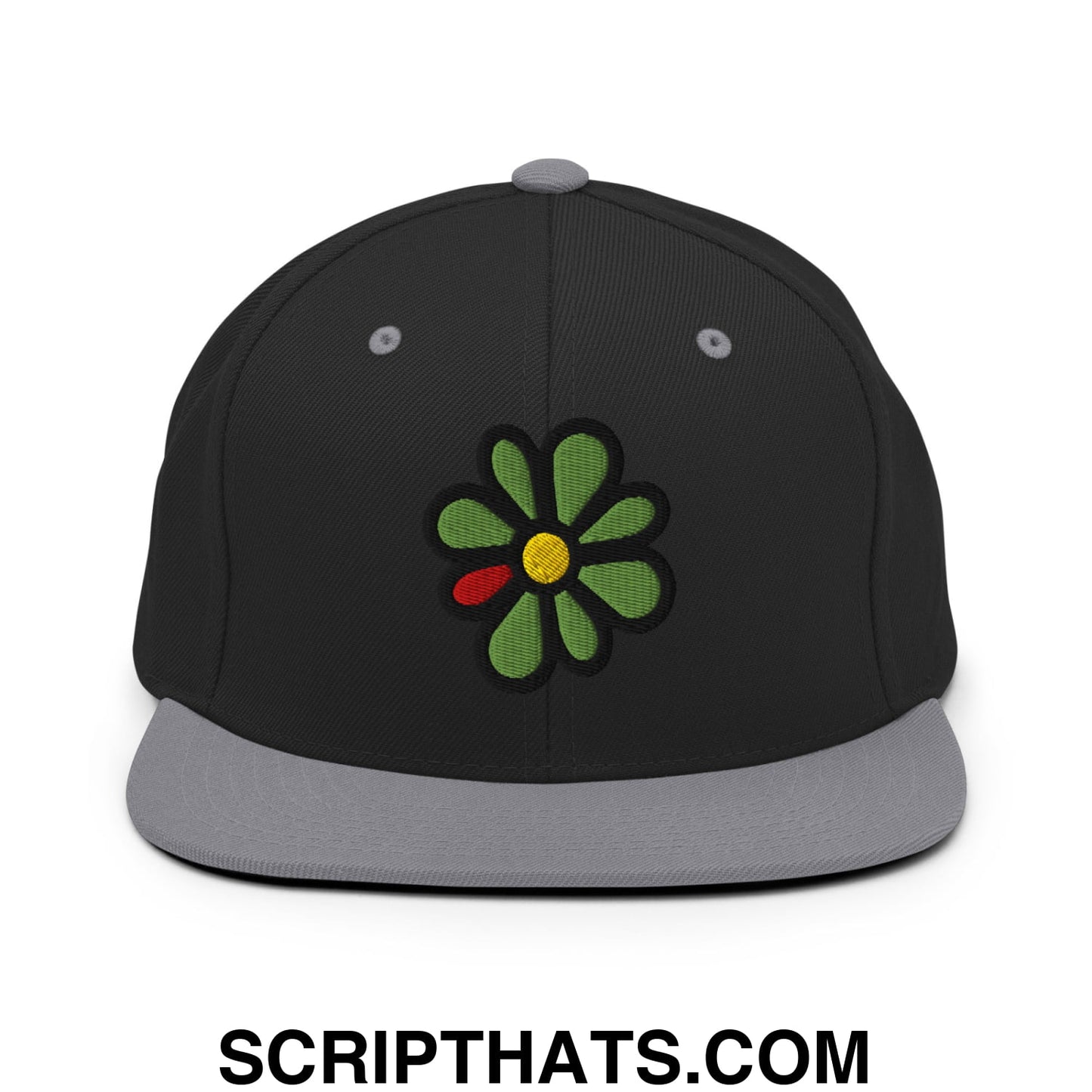 ICQ Embroidered Flat Bill Brim Snapback Hat Black Silver