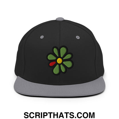 ICQ Embroidered Flat Bill Brim Snapback Hat Black Silver