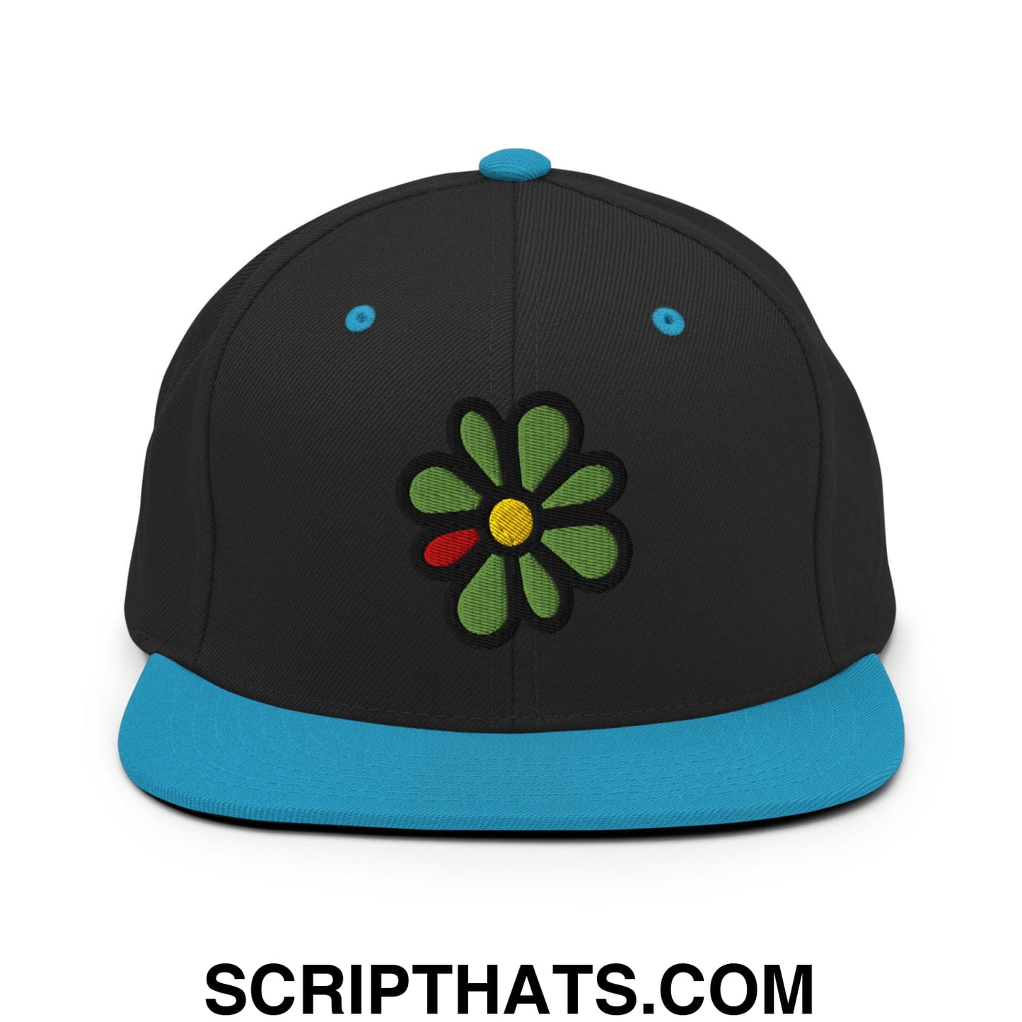 ICQ Embroidered Flat Bill Brim Snapback Hat Black Teal