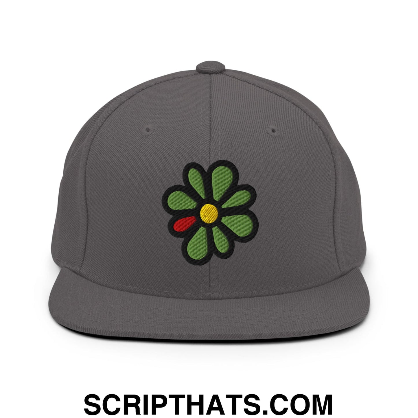 ICQ Embroidered Flat Bill Brim Snapback Hat Dark Grey