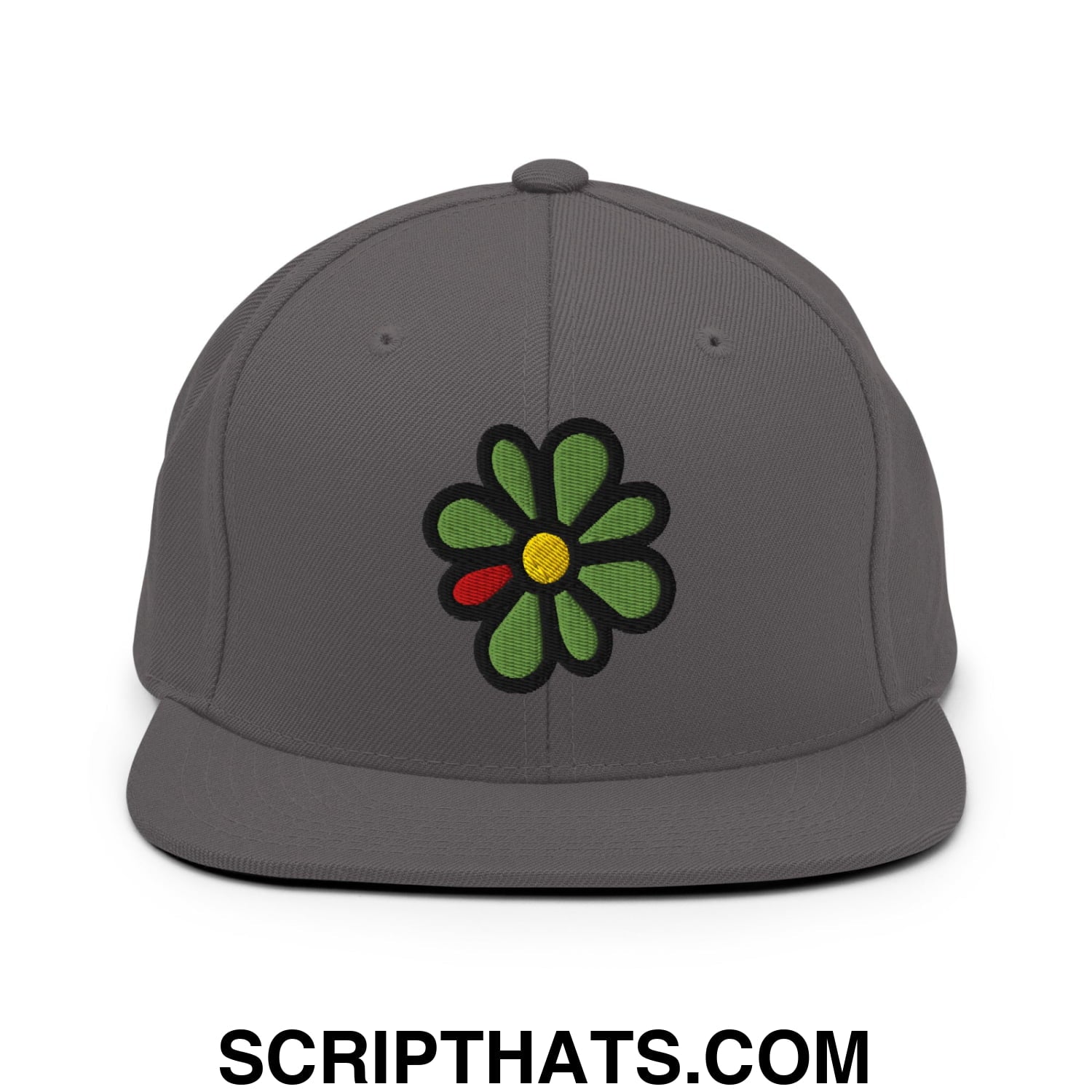 ICQ Embroidered Flat Bill Brim Snapback Hat Dark Grey